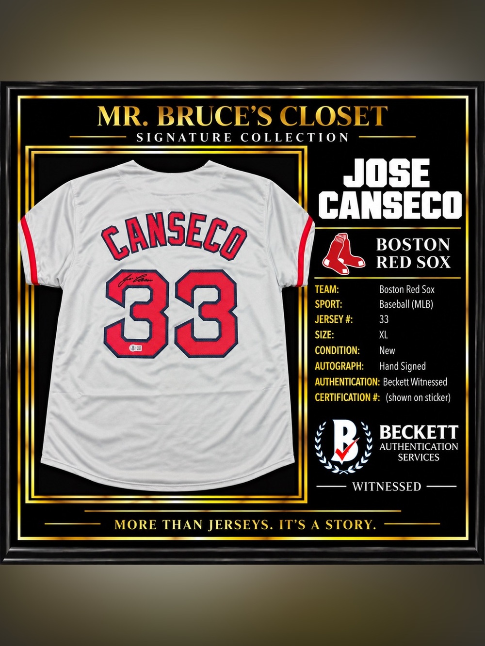 Jose Canseco Signed Boston Red Sox #33 Jersey Beckett Witnessed Auto XL